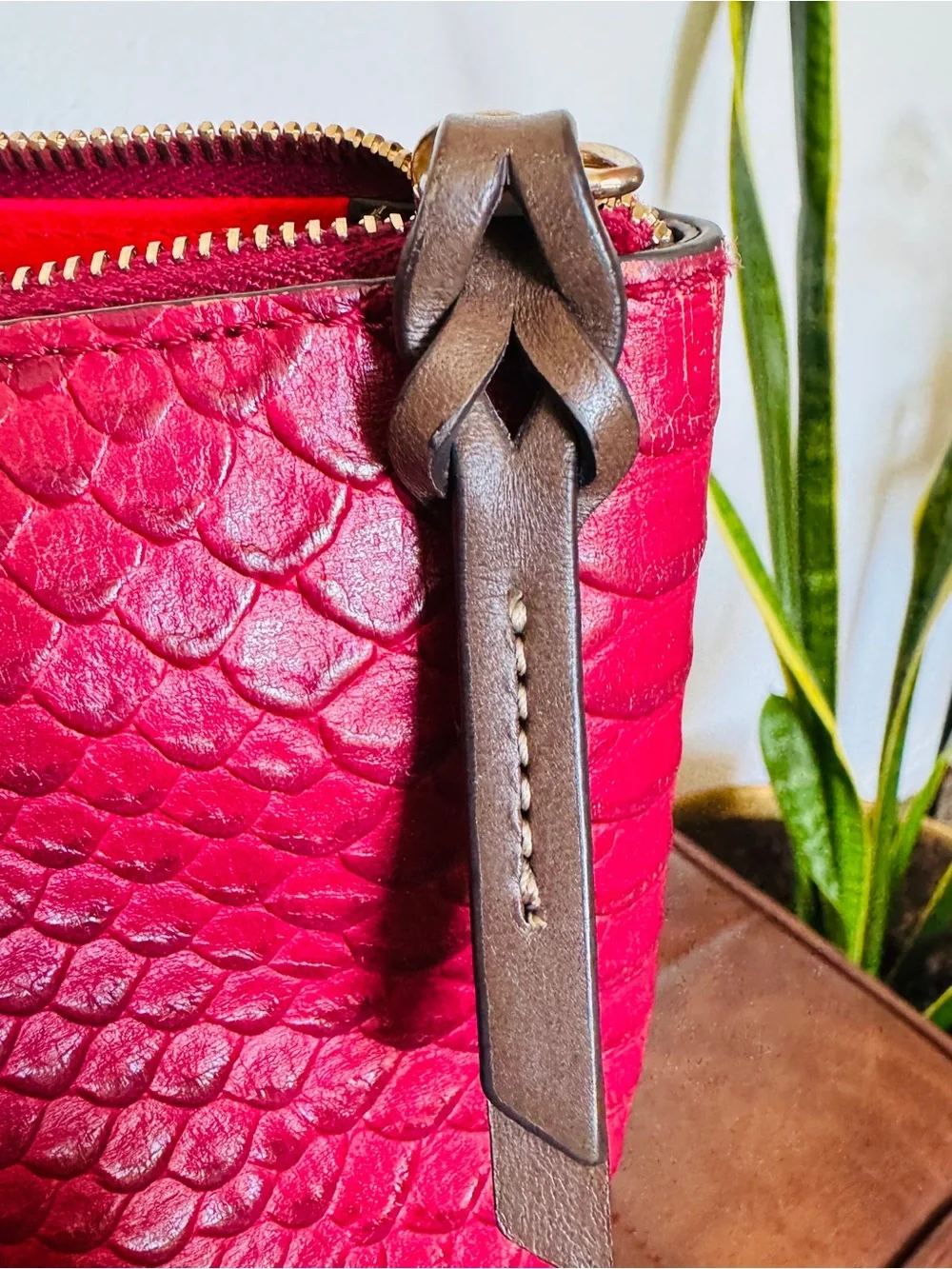 Dooney & Bourke Python Embossed Leather Tassel Tote Raspberry Brown Large - Picture 7 of 15